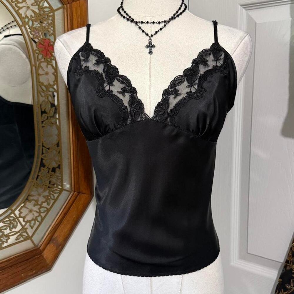 VTG Y2K Victoria's Secret Black Satin Floral Lace Trim Cropped Mini Cami Top M